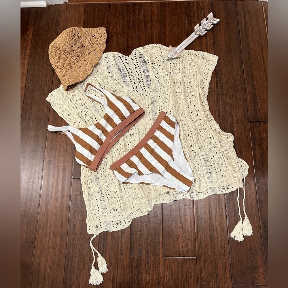 NWT BROWN WHITE ATHLETIC STRIPED TANK HIGH WAISTED BIKINI | 2 Piece Swimsuit - Picture 12 of 12